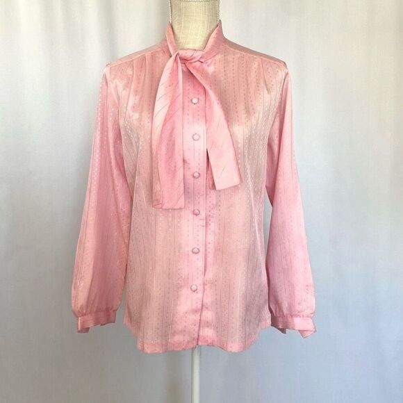 Jane Holly Tops - Vintage 60s Baby Pink Jane Holly Top Secretary Blouse Long Sleeves Neck Tie